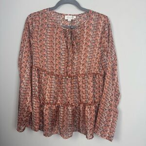 MOLLY BRACKEN | Tiered Tie Front Orange Red Black Print Top Women’s Size Large